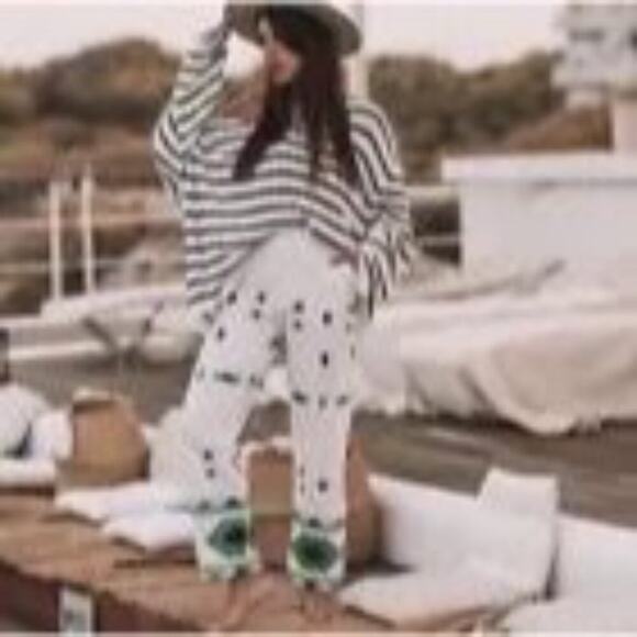 Zara Pants Womens High Rise X-Small Embroidered White Green Linen Blend - Picture 2 of 13